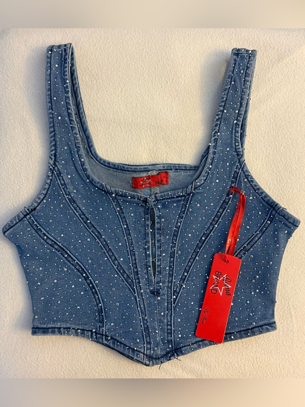 Roma Blue Speckled Denim Corset Crop Top with Wide Straps